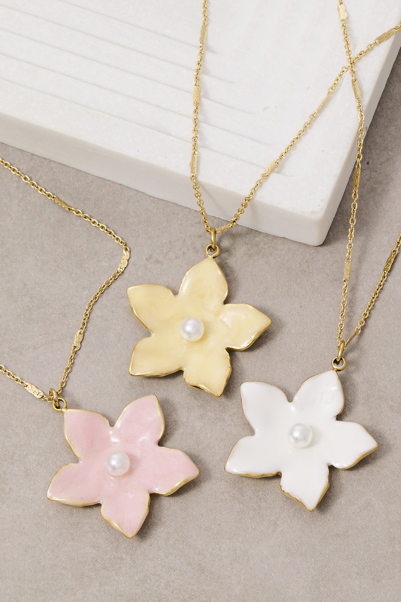 Stainless Steel Pearl Stud Enamel Flower Pendant Necklace