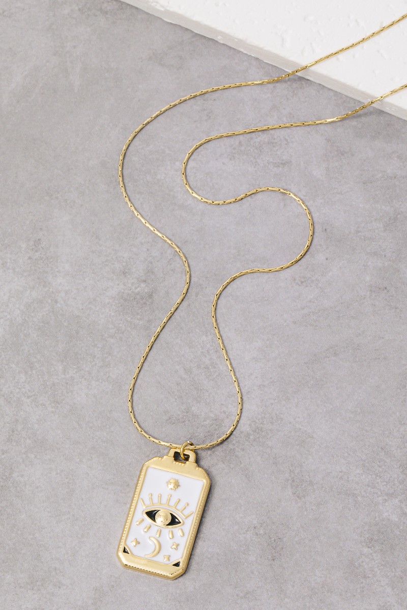 Stainless Steel Enamel Evil Eye Moon Rectangle Pendant Necklace