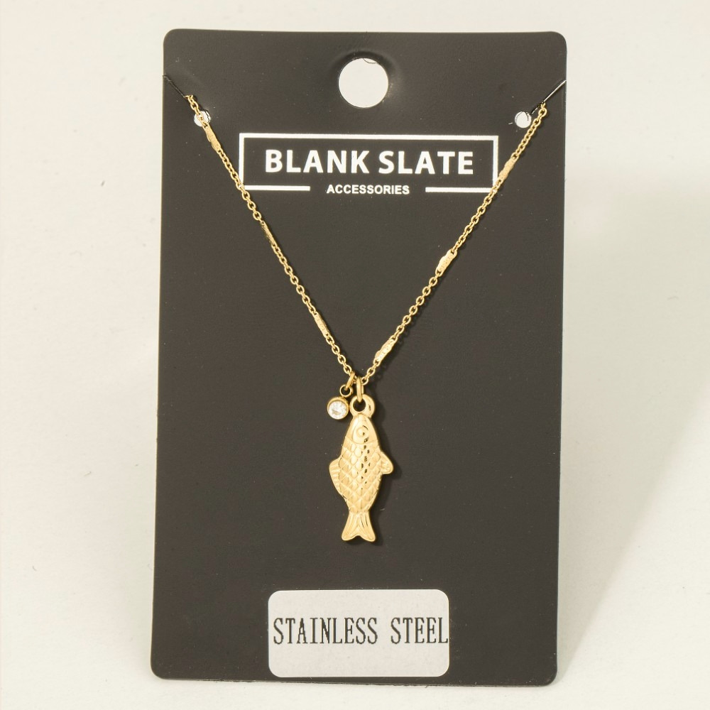 Stainless Steel Fish And Cz Gem Pendant Necklace