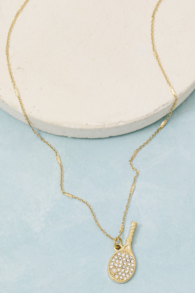 Stainless Steel Cz And Pearl Pave Tennis Racket Pendant Necklace