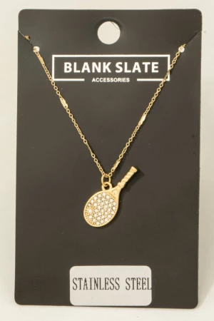 Stainless Steel Cz And Pearl Pave Tennis Racket Pendant Necklace