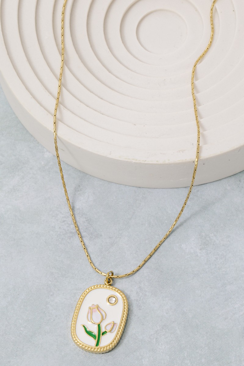 Stainless Steel Enamel Flower Pendant Necklace