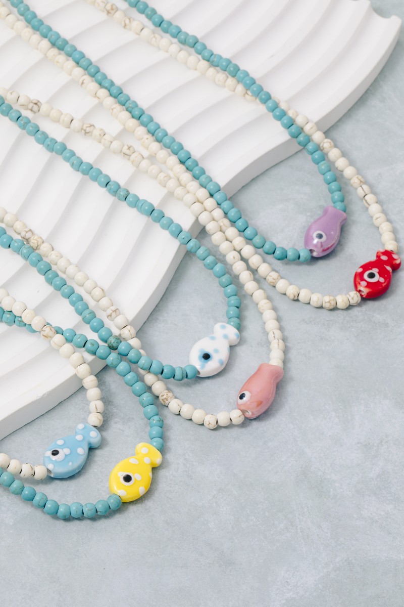 Ceramic Fish Pendant Ball Beaded Necklace