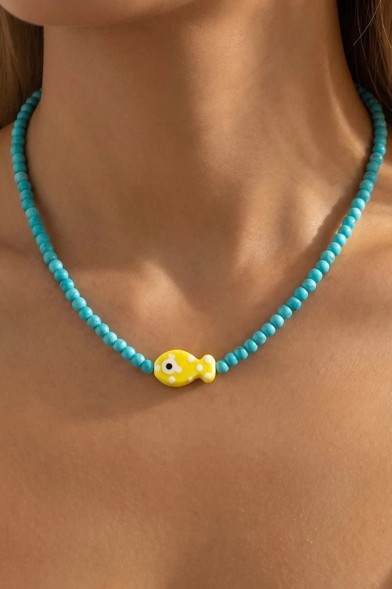 Ceramic Fish Pendant Ball Beaded Necklace