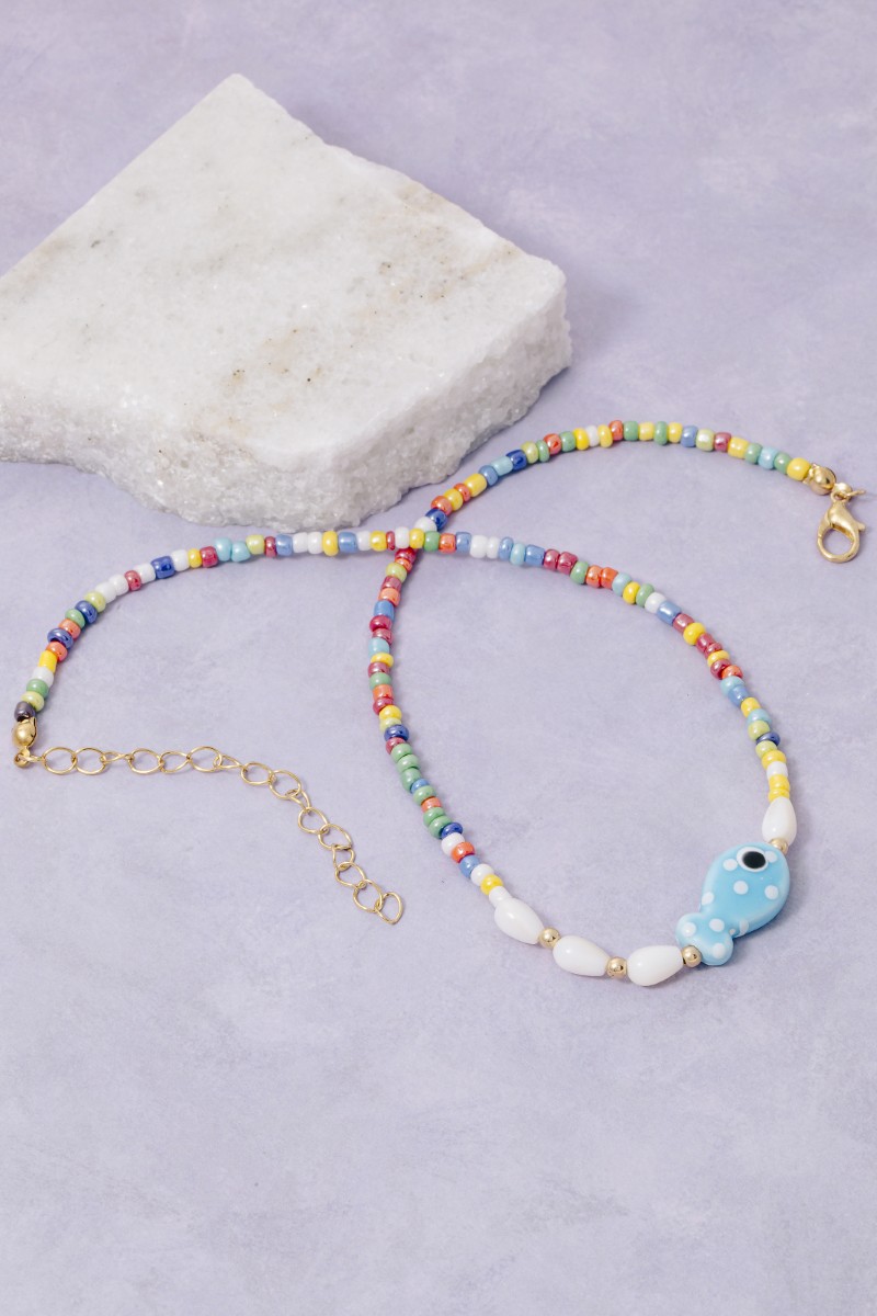 Ceramic Fish Pendant Glossy Colorful Beaded Necklace