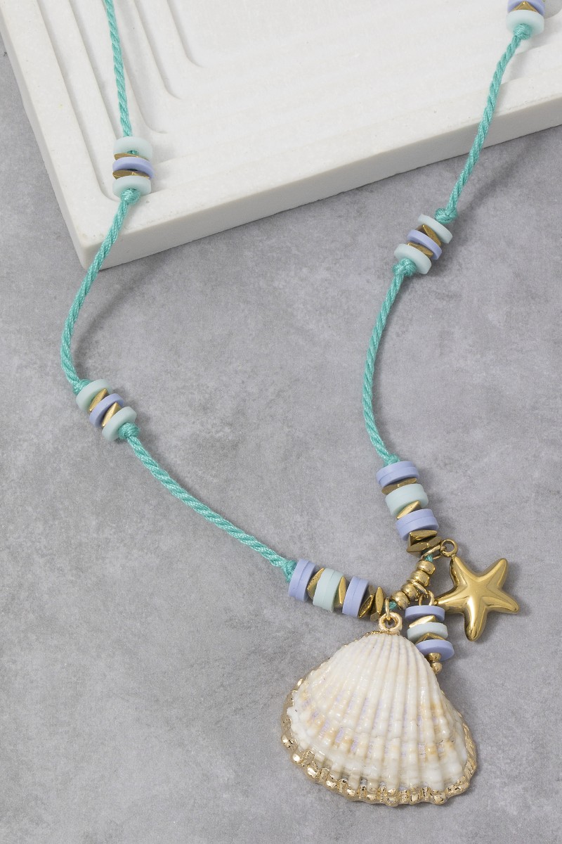 Starfish And Sea Shell Pendants Cord Necklace