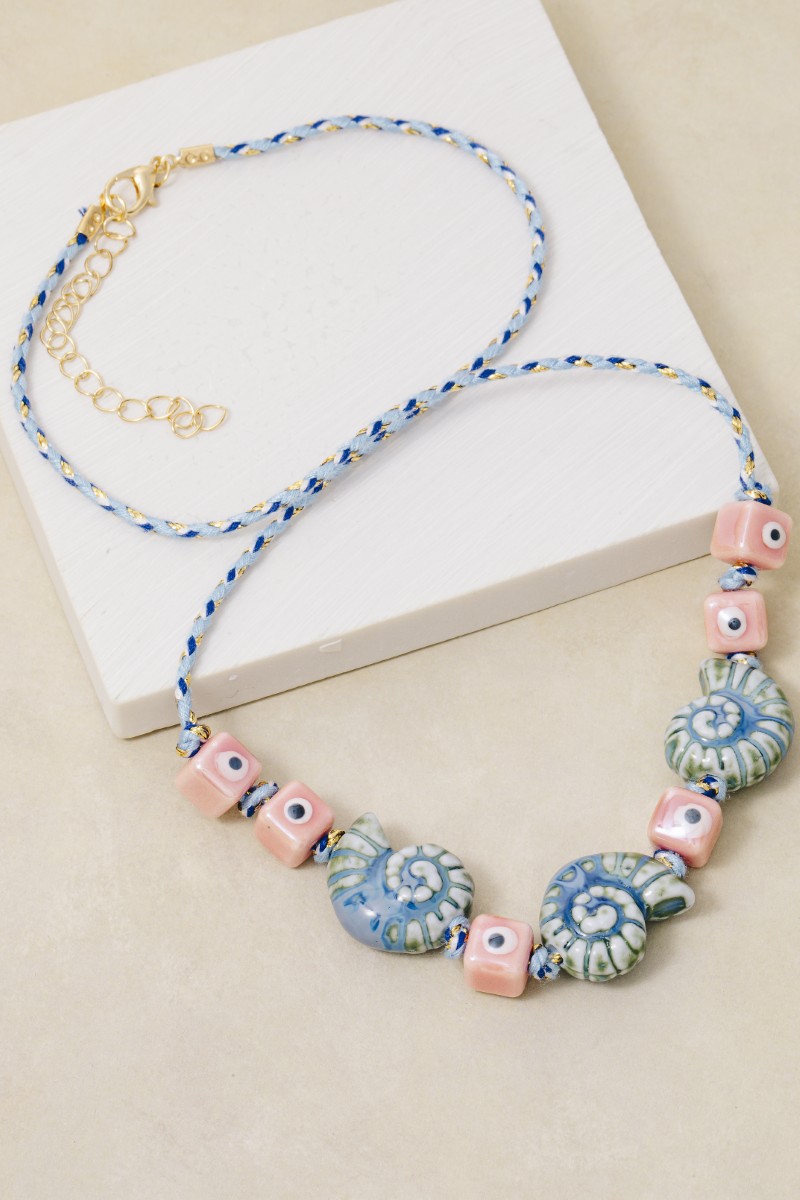 Ceramic Cubes And Sea Shells Cord Braided Necklace
