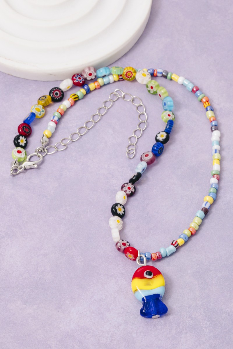 Striped Fish Pendant Floral Colorful Beaded Necklace