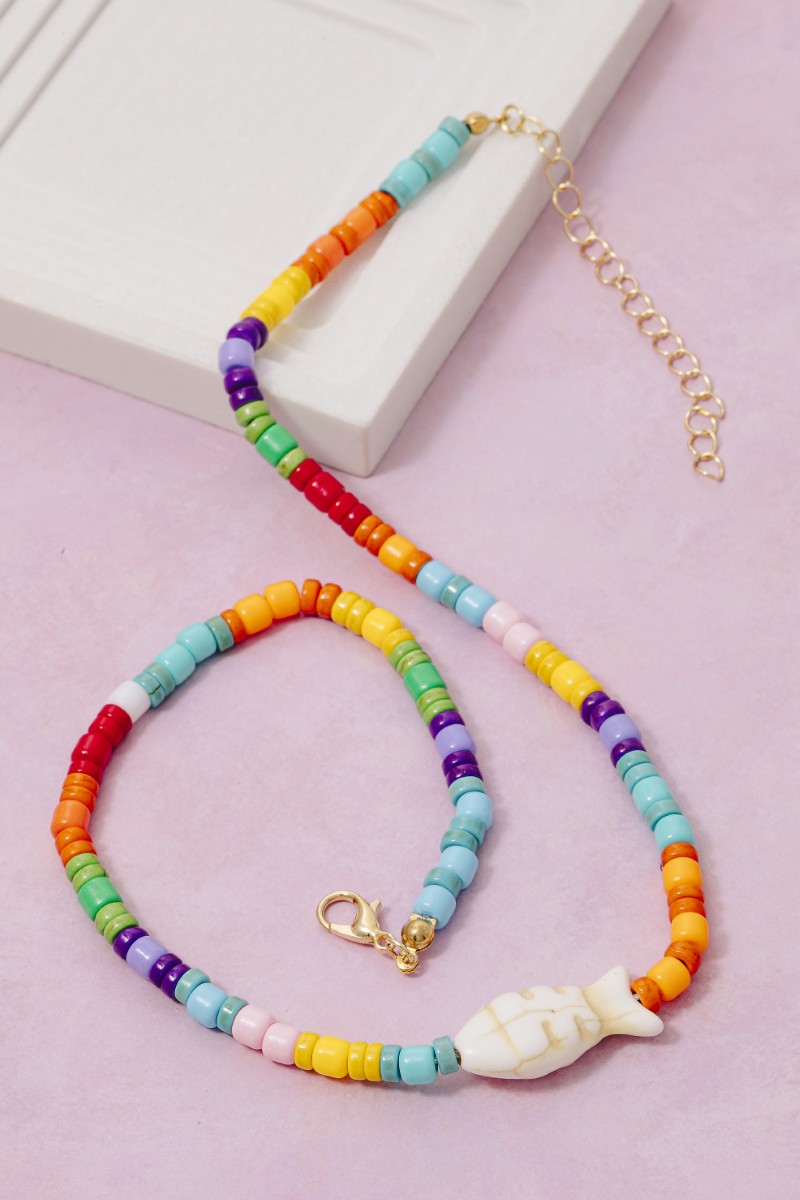Fish Pendant Vibrant Mixed Beaded Necklace