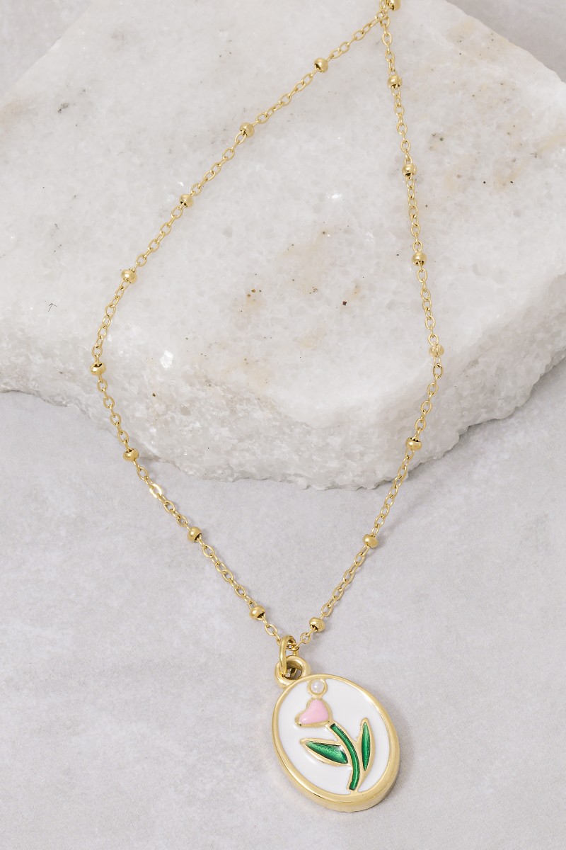 Stainless Steel Enamel Tulip Oval Pendant Necklace