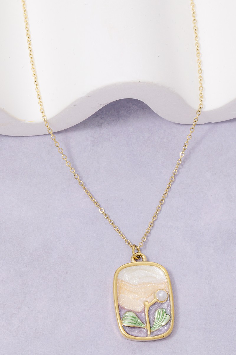 Stainless Steel Pearl & Glitter Rectangle Pendant Necklace