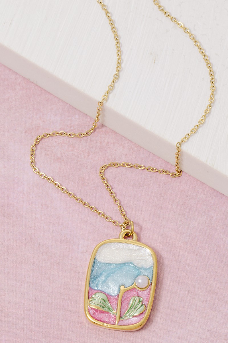 Stainless Steel Pearl Stud And Glitter Rectangle Pendant Necklace