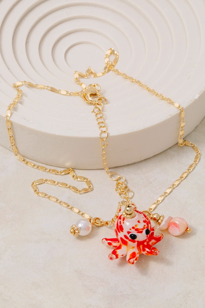 Vibrant Octopus And Pearl Multi Pendant Chain Necklace