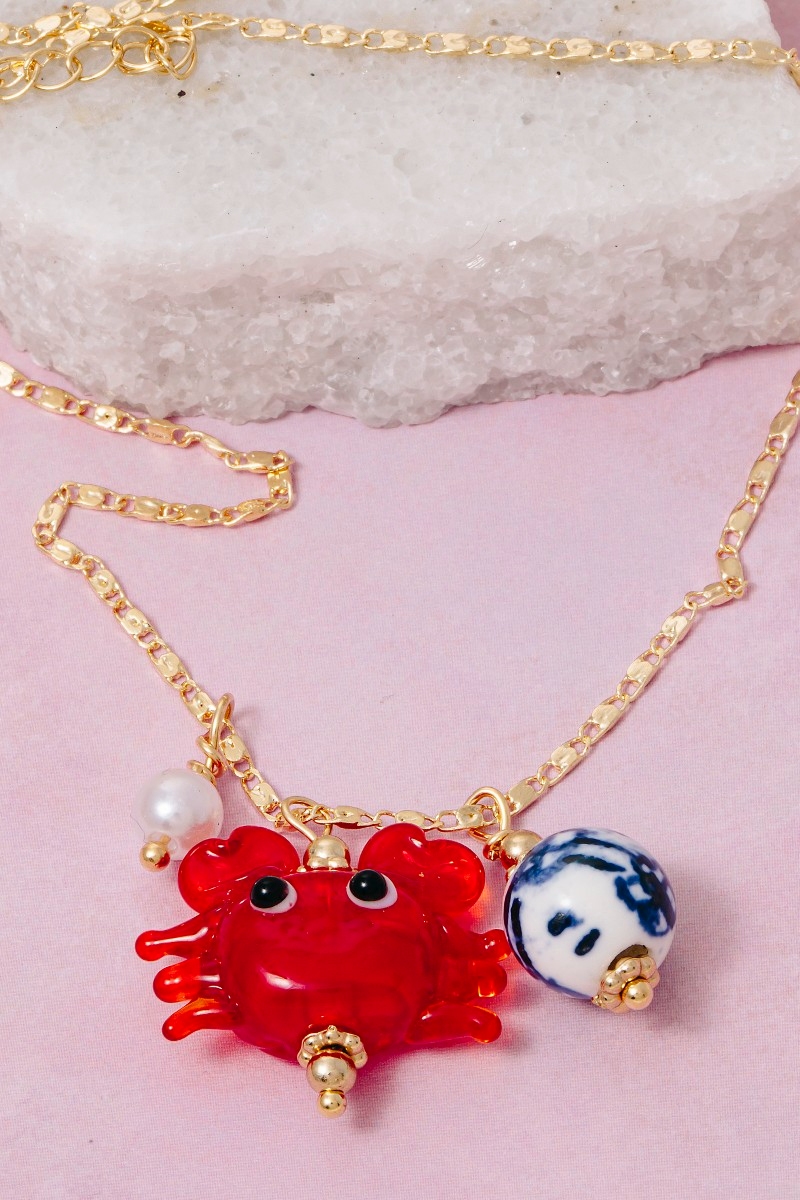Red Crab Pearl And Floral Ceramic Bead Multi Pendant Chain Necklace