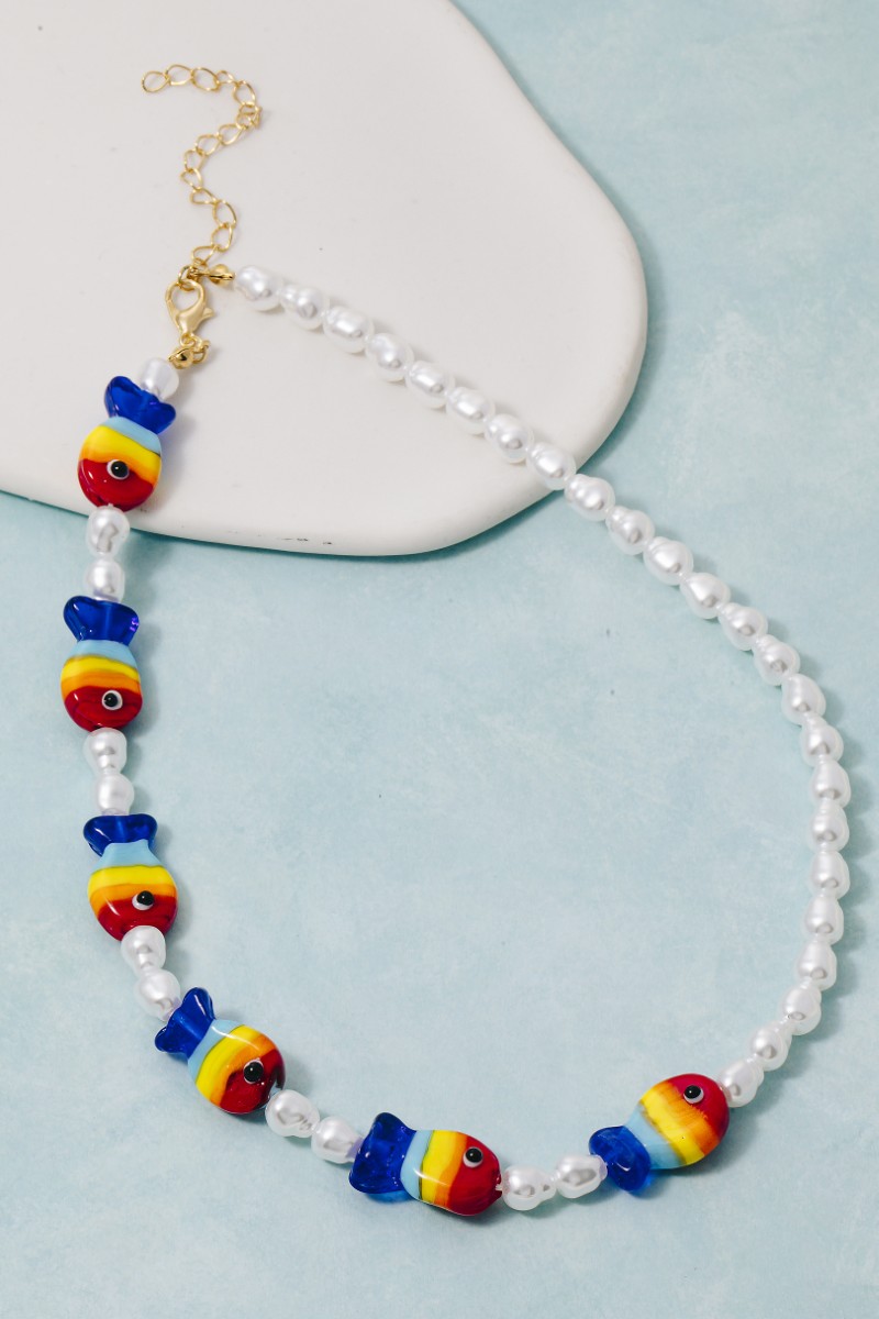 Pearl And Rainbow Fish Beads Necklace