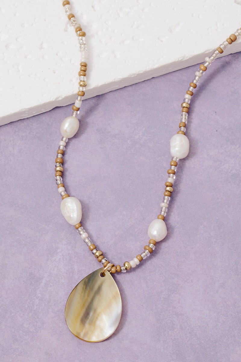 Mother Of Pearl Tear Pendant Mixed Beaded Necklace