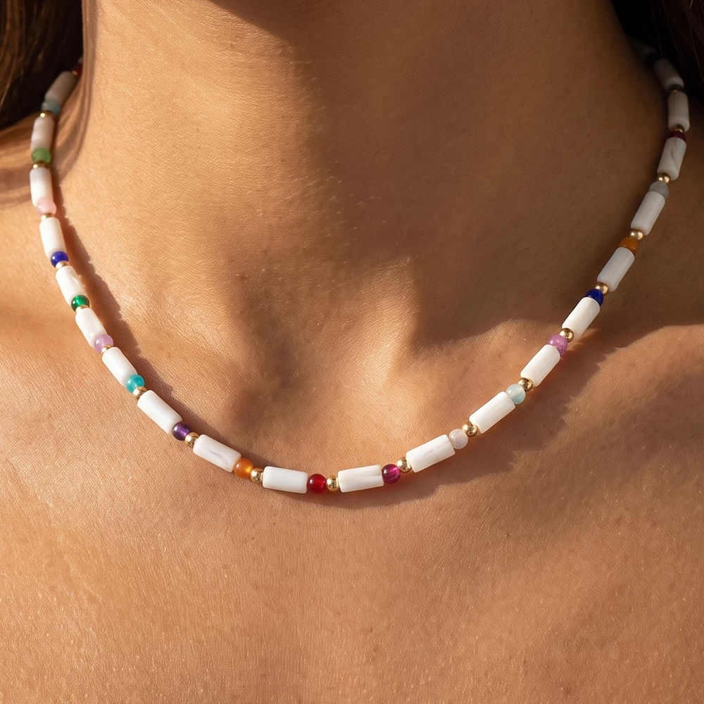 Tube Bead Strand Necklace With Round Bead Accents