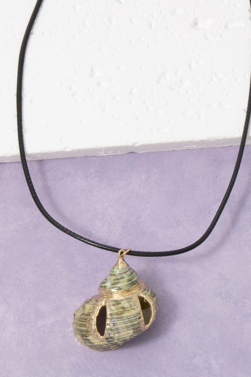 Metallic Accent Large Green Sea Snail Shell Pendant Cord Necklace