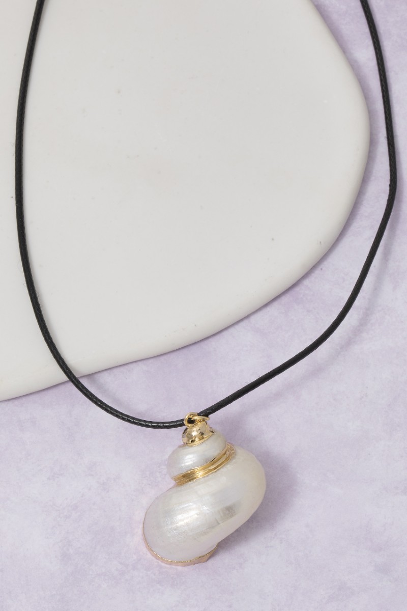 Metallic Accent Pearly Sea Snail Shell Pendant Cord Necklace