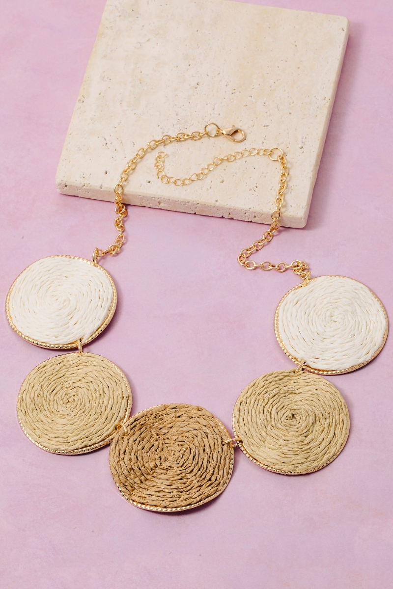 3 Tone Straw Discs Statement Chain Necklace