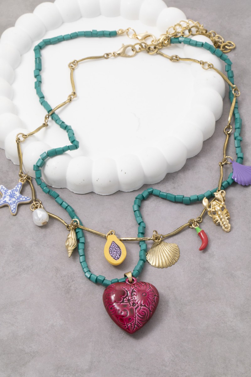 Sea Life Heart and Fruit Charms Layered Beaded Necklace