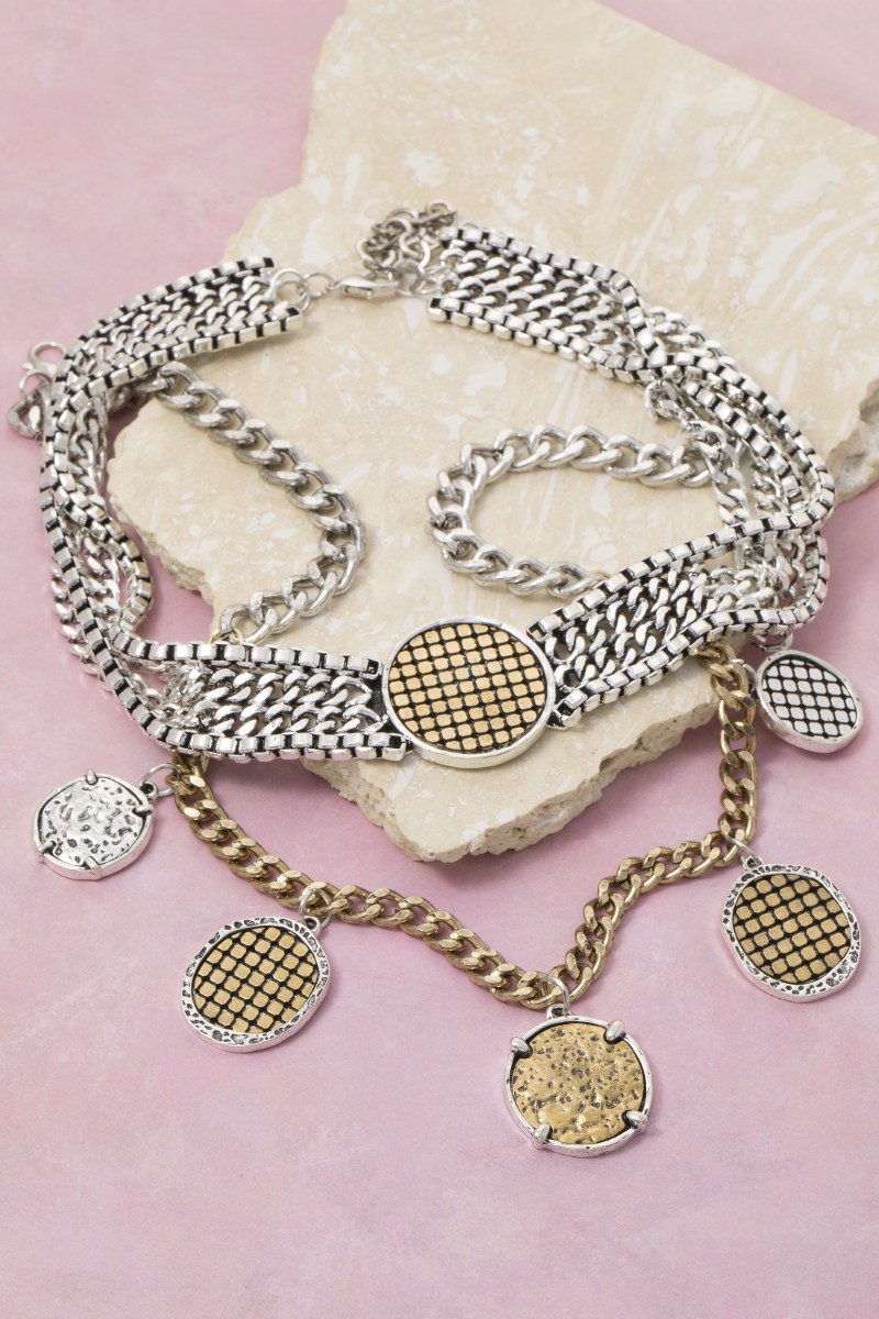 Two Tone Coin Charms Layered Chain Statement Necklace