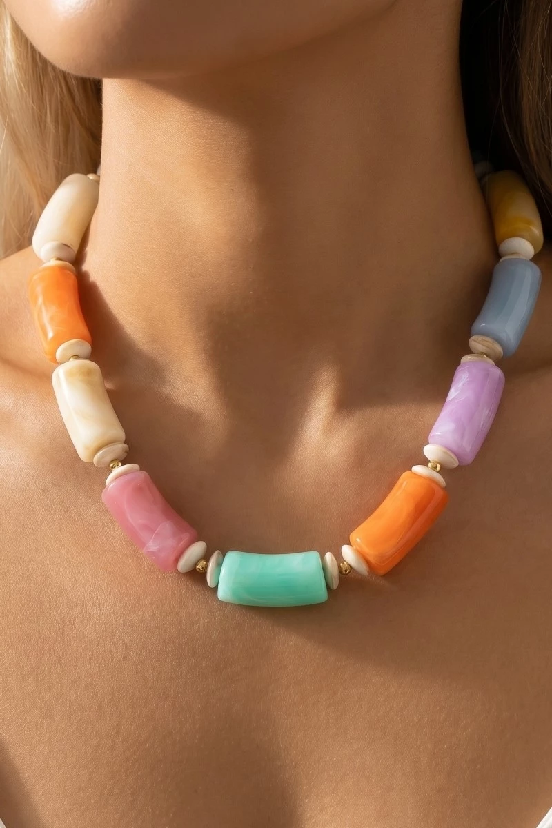 Large Marble Resin Tube Beads Necklace