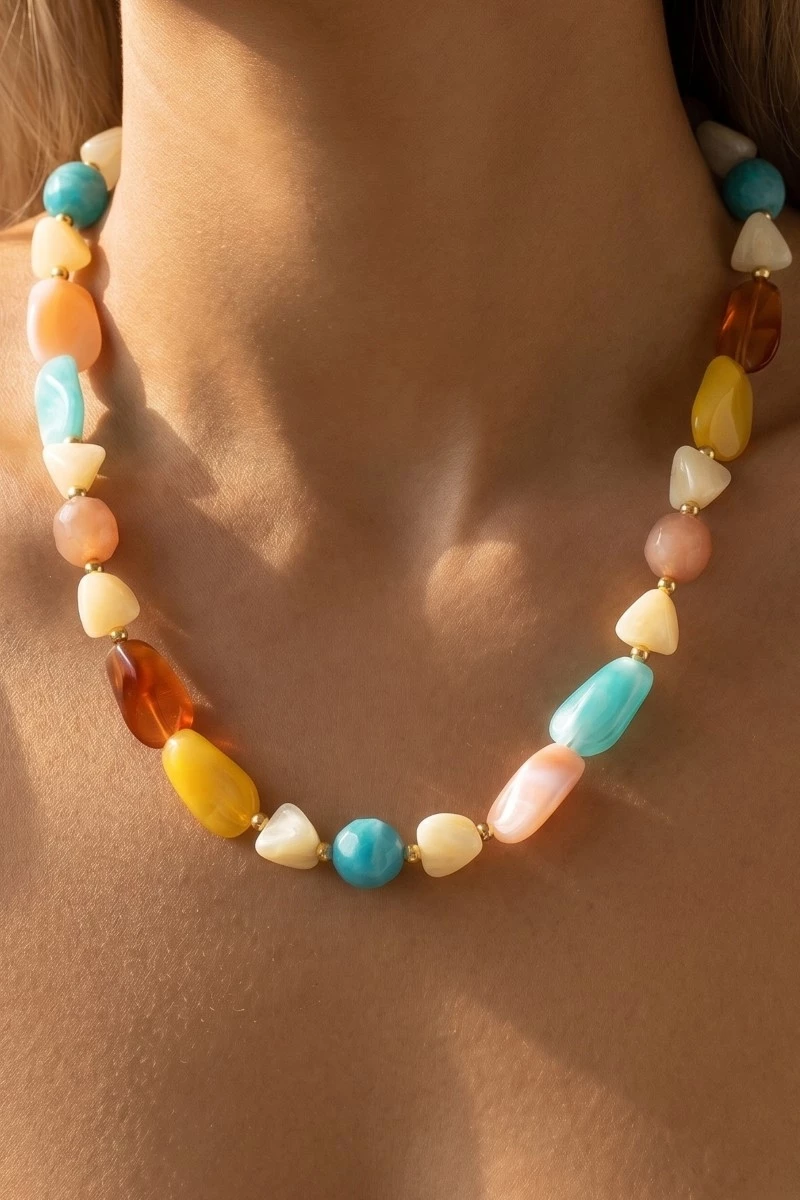 Marble Resin And Metallic Beads Necklace