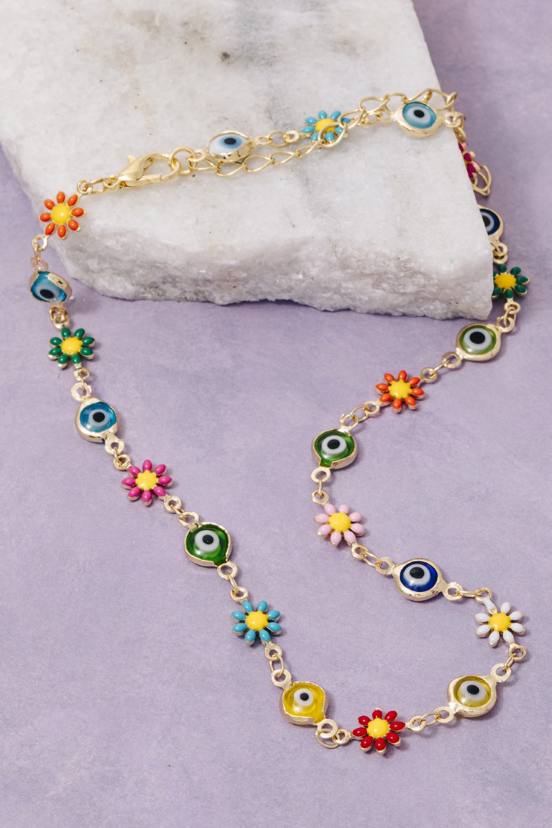Multi Evil Eye Flower Station Necklace