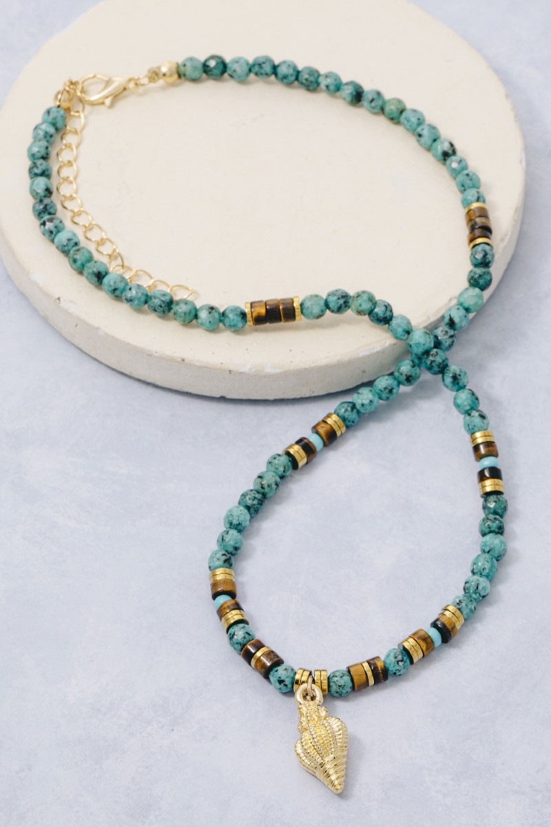 Spiral Sea Shell Mixed Turquoise Beaded Necklace