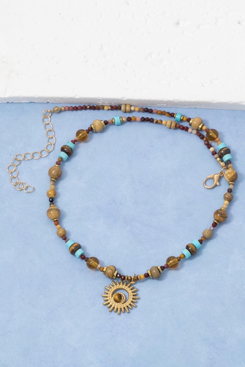 Assorted Beads Circle Sunburst Pendant Necklace