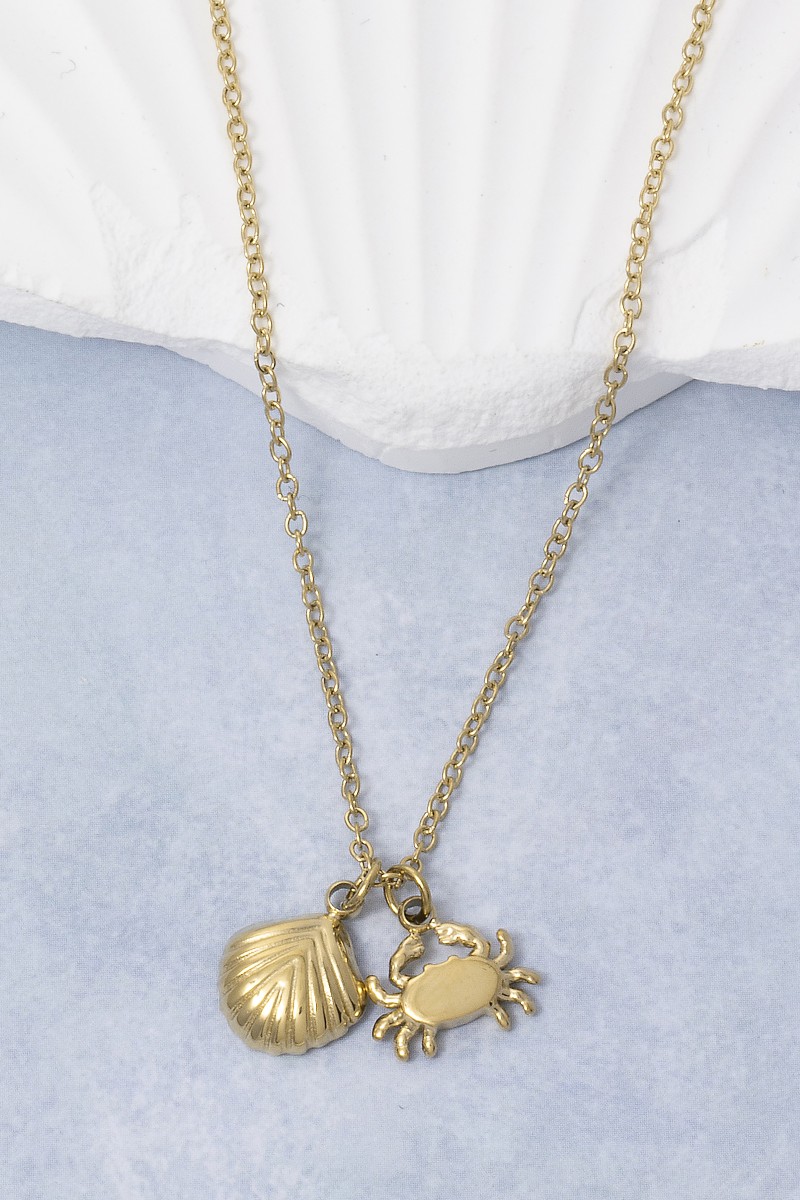 Stainless Steel Crab And Shell Pendant Necklace