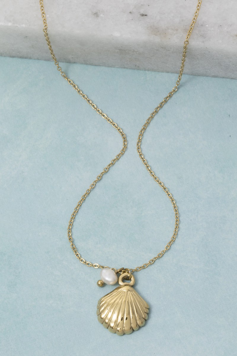 Stainless Steel Pearl And Shell Pendant Necklace