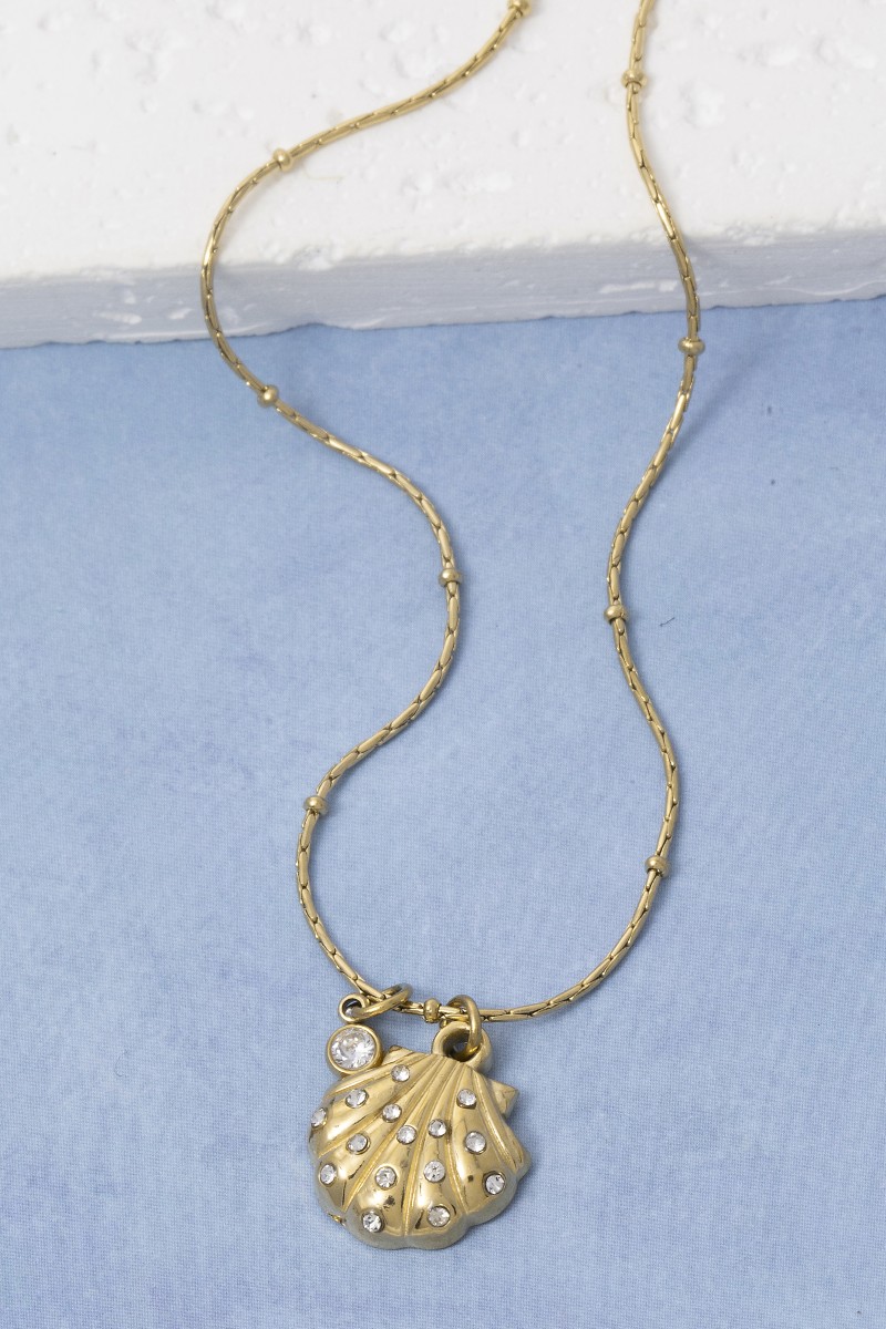 Stainless Steel Studded Sea Shell Pendant Necklace