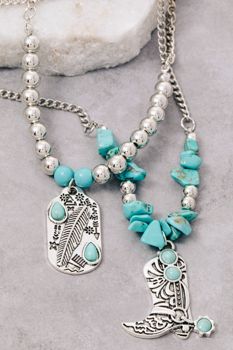 Engraved Cowboy Boot And Tag Turquoise Beads Layered Chain Necklace