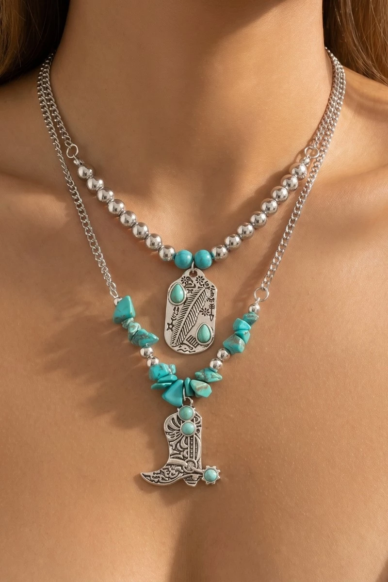 Engraved Cowboy Boot And Tag Turquoise Beads Layered Chain Necklace