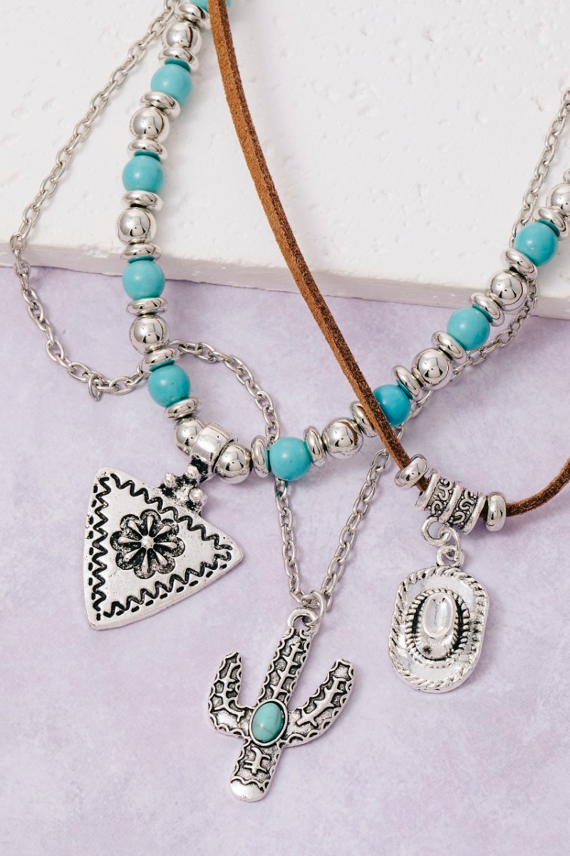 Western Turquoise Bead Cord Layered Necklace