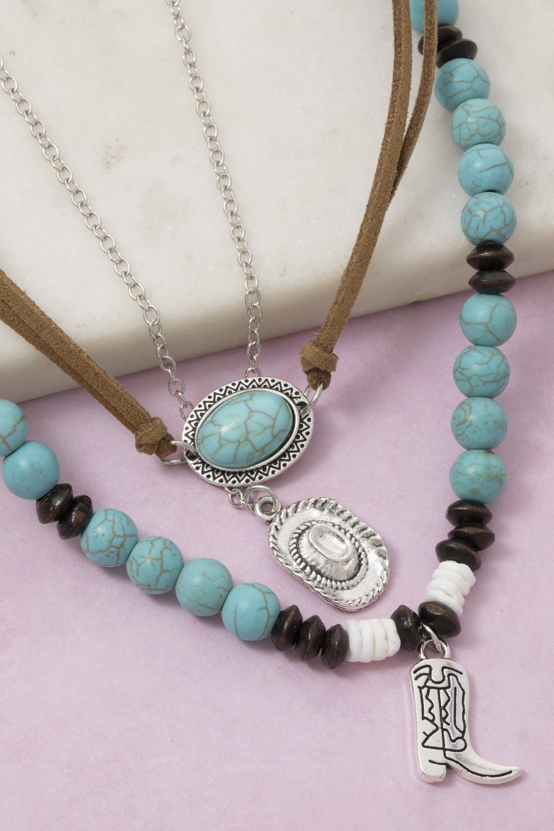 Western Charms Cord And Turquoise Beaded Layered Necklace