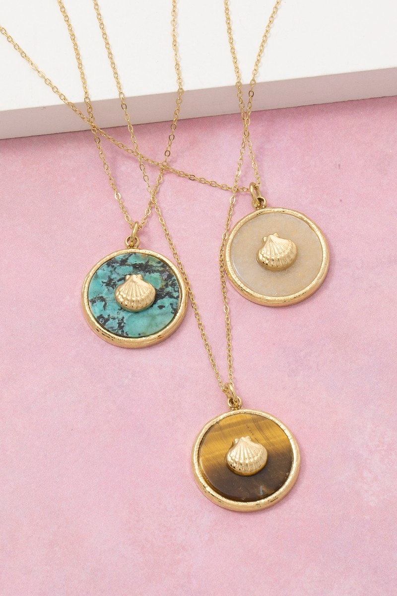 Stainless Steel Semiprecious Stone Shell Coin Pendant Necklace