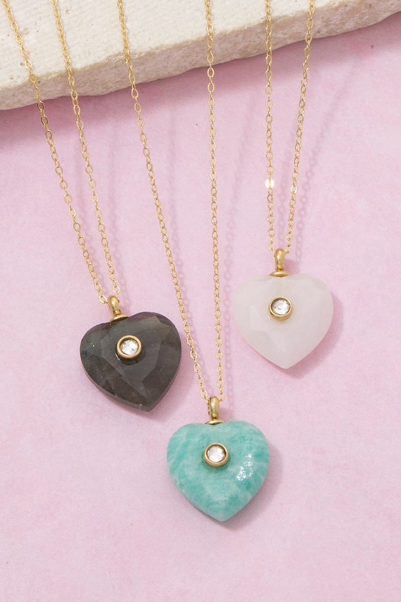 Stainless Steel Stone Heart Crystal Accent Pendant Necklace