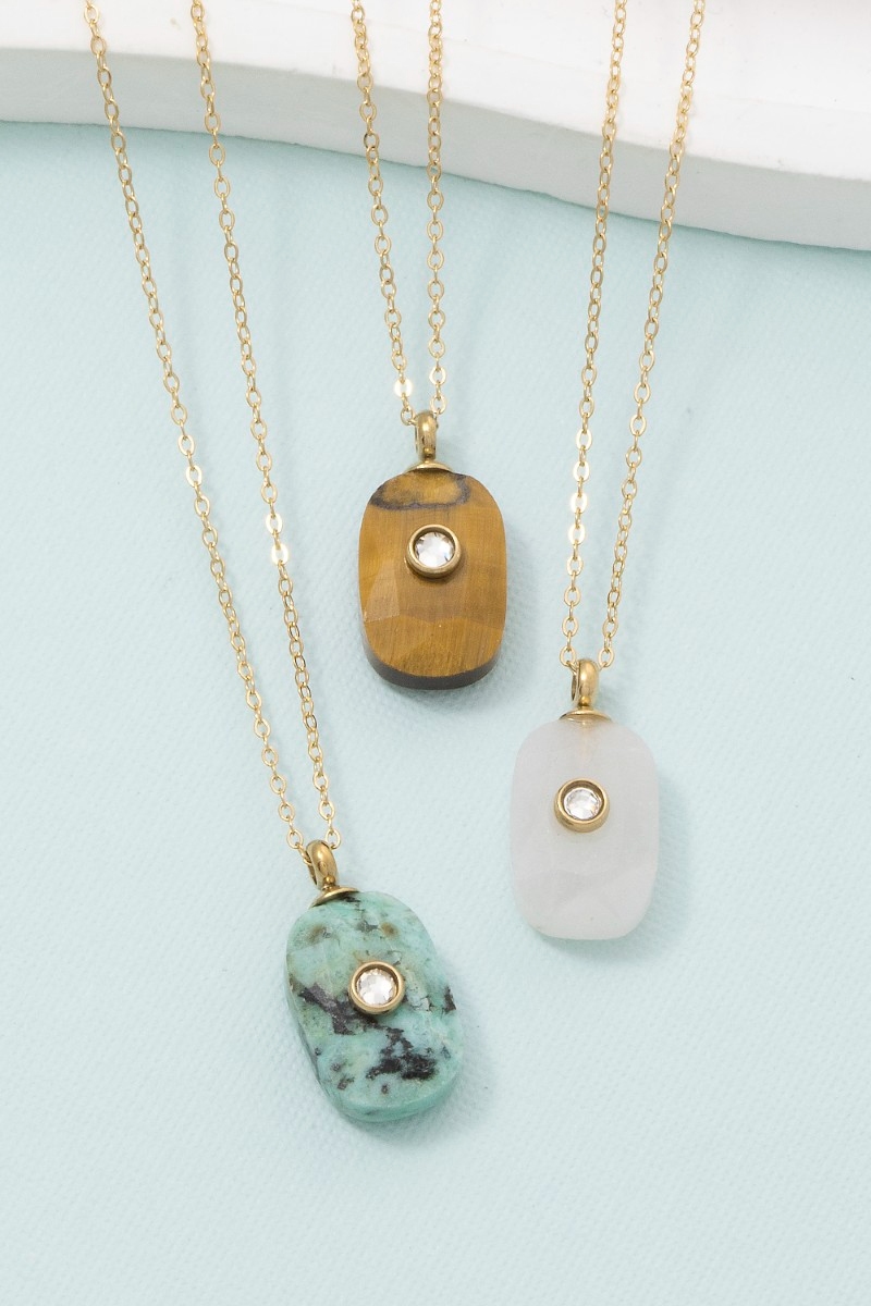 Semiprecious Oval Stone Crystal Accent Pendant Necklace