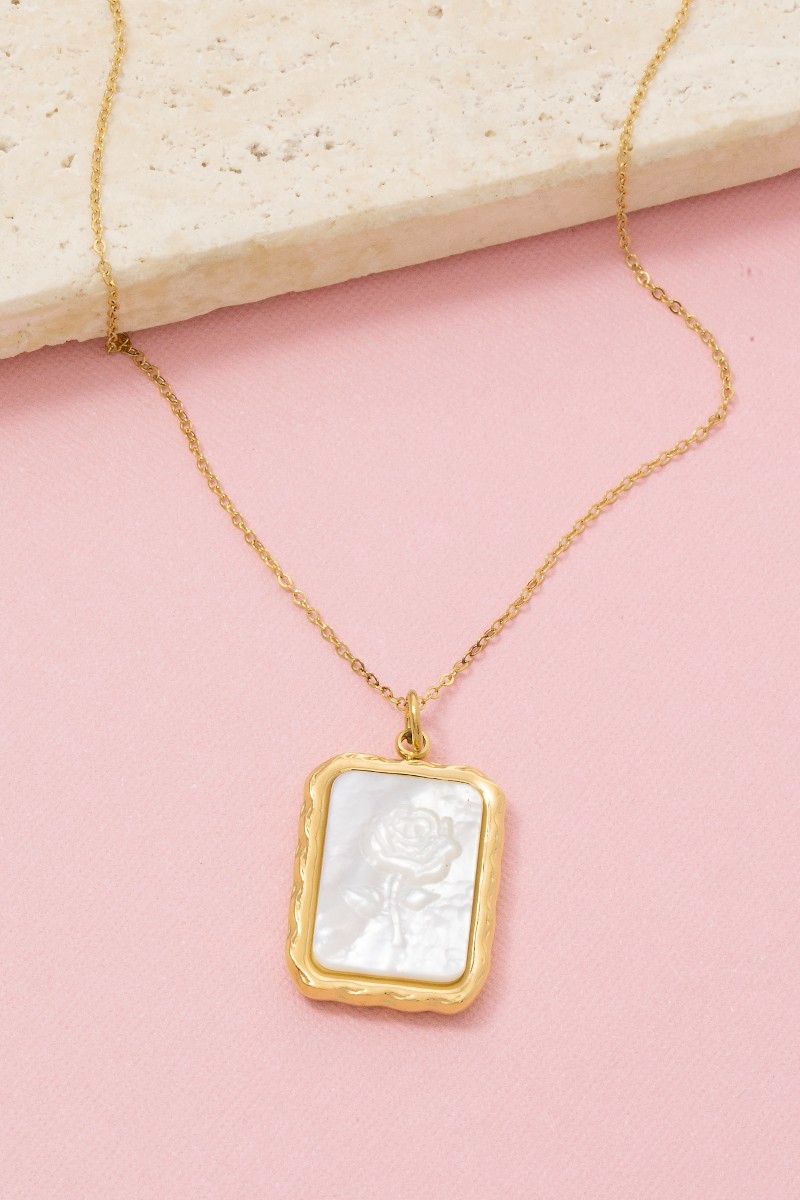 Mother Of Pearl Rose Rectangle Pendant Necklace