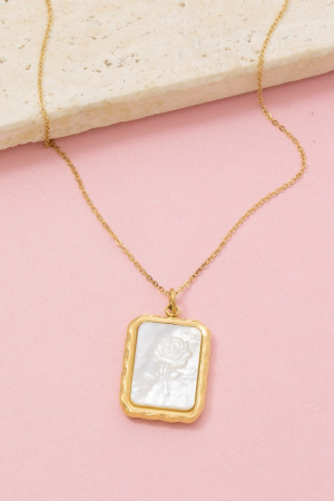 Mother Of Pearl Rose Rectangle Pendant Necklace
