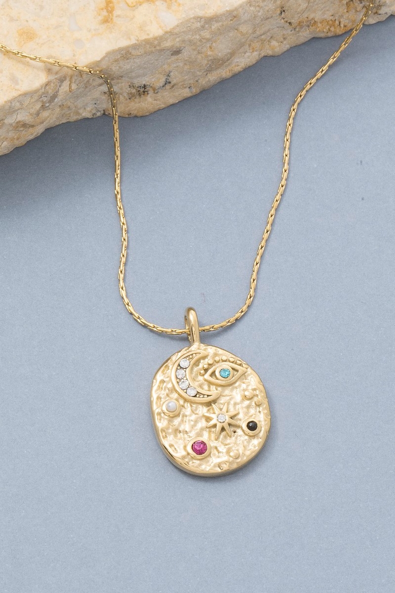 Celestial Eye And Moon Crystal Coin Pendant Necklace