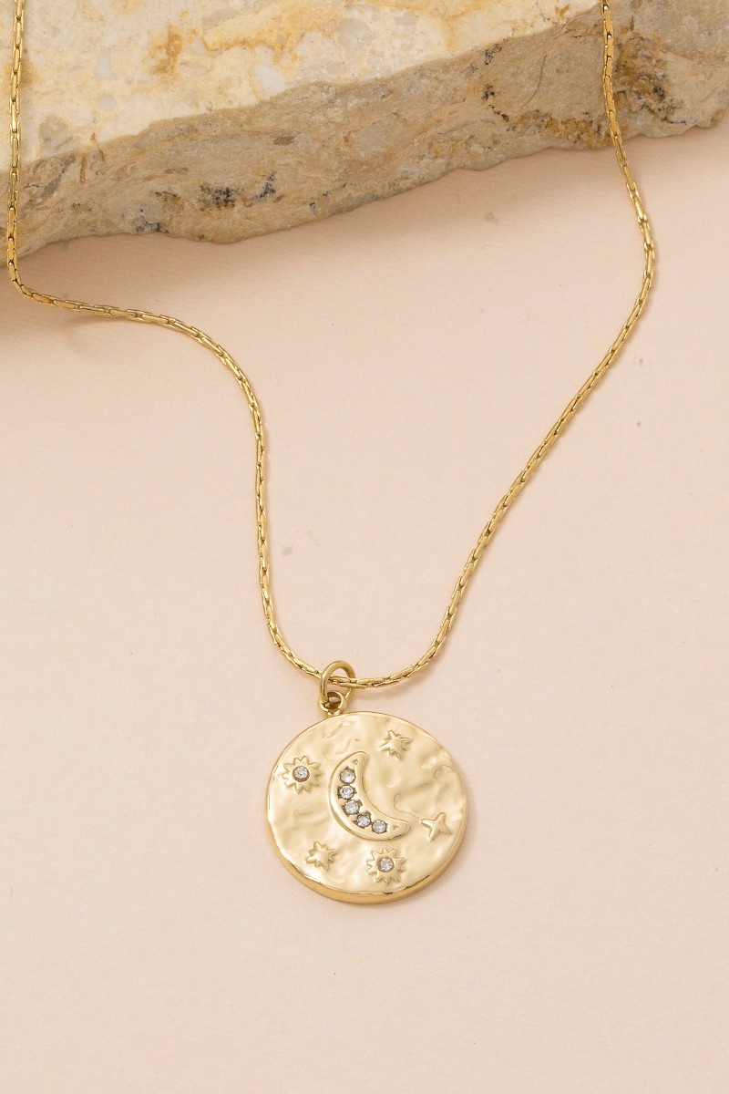 Crescent Moon And Stars Crystal Coin Pendant Necklace