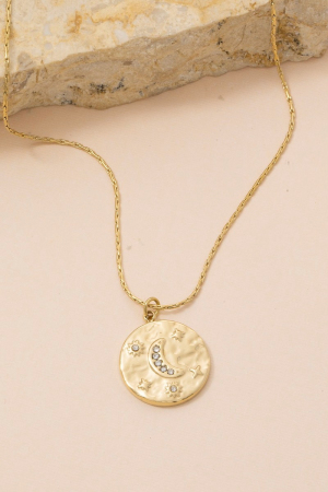 Crescent Moon And Stars Crystal Coin Pendant Necklace