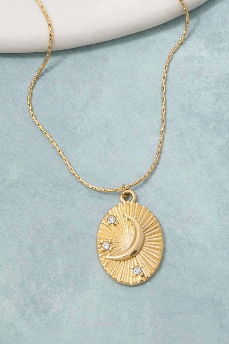 Sunray Crescent Moon Crystal Oval Pendant Necklace