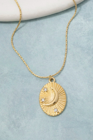 Sunray Crescent Moon Crystal Oval Pendant Necklace