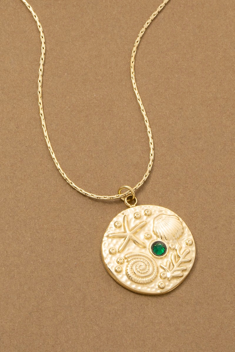 Ocean Motif Crystal Accent Coin Pendant Necklace