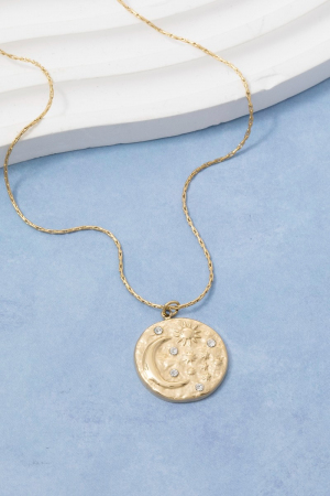 Celestial Moon And Sun Crystal Coin Pendant Necklace